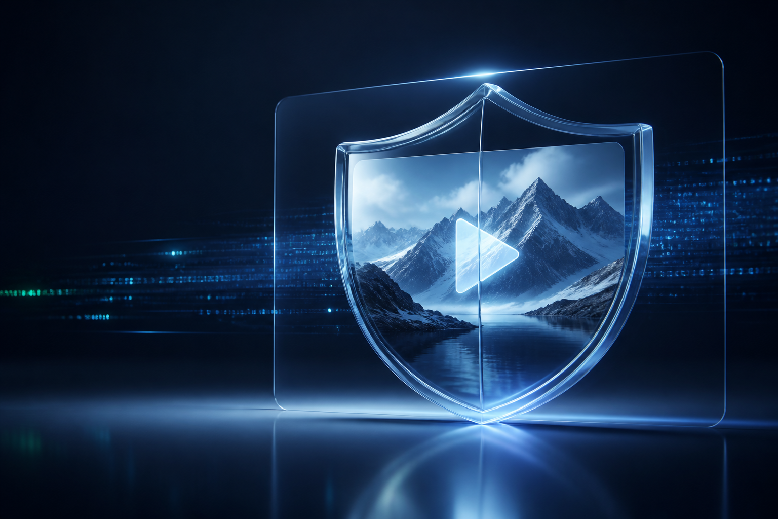 A protected video framed by a glass copyright shield